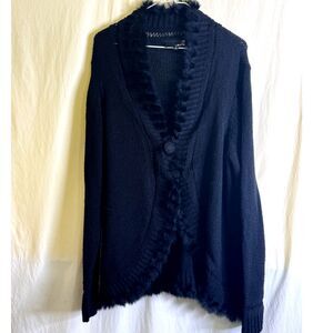 Vintage Laura Cardigan Rabbit Hair Trim Black Two Button Closure Size XXL